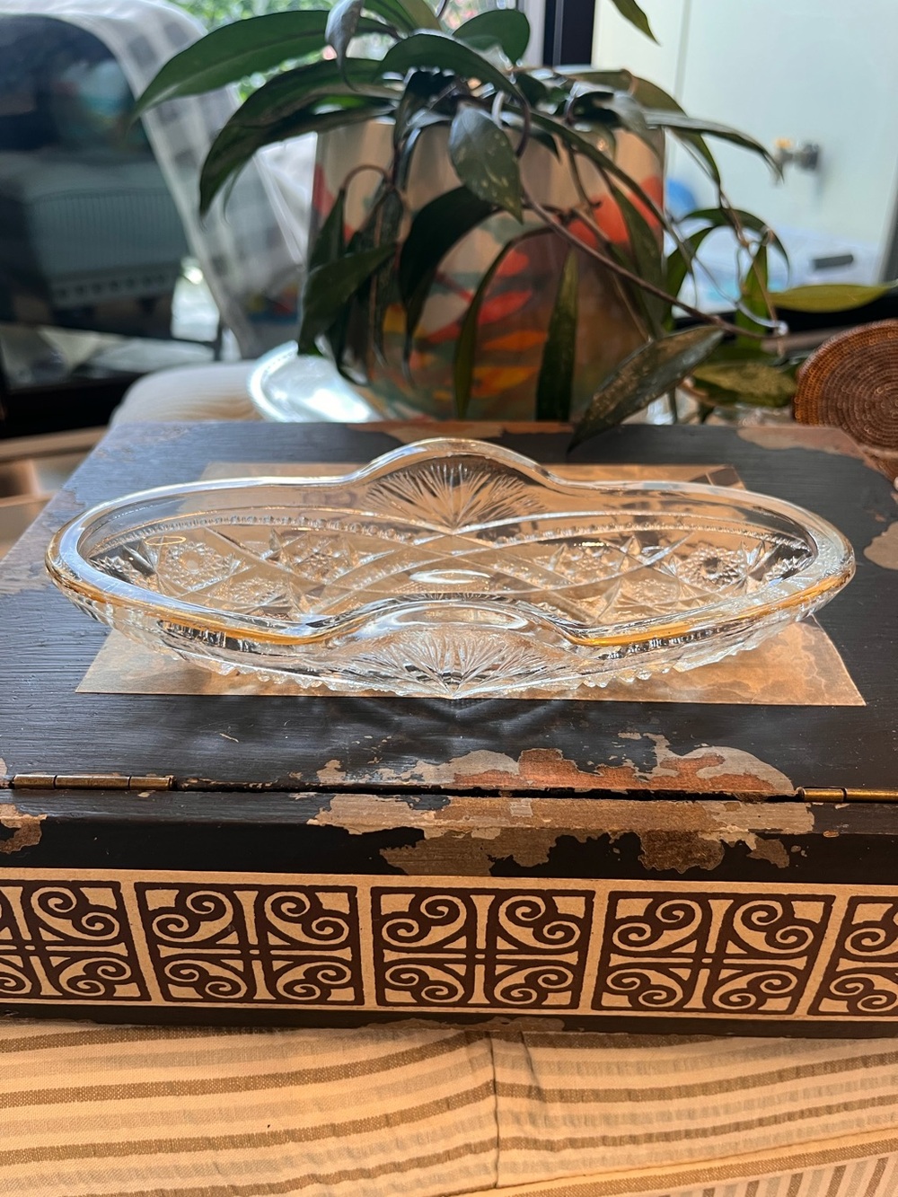 Vintage Gold-Rimmed Cut Glass Oval Relish Dish